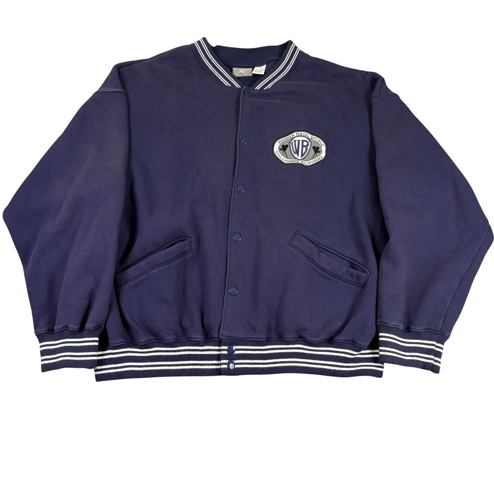 Vintage Warner Bros Studio Bomber Jacket Mens XL Navy Blue Varsity 90s Retro - Picture 1 of 11